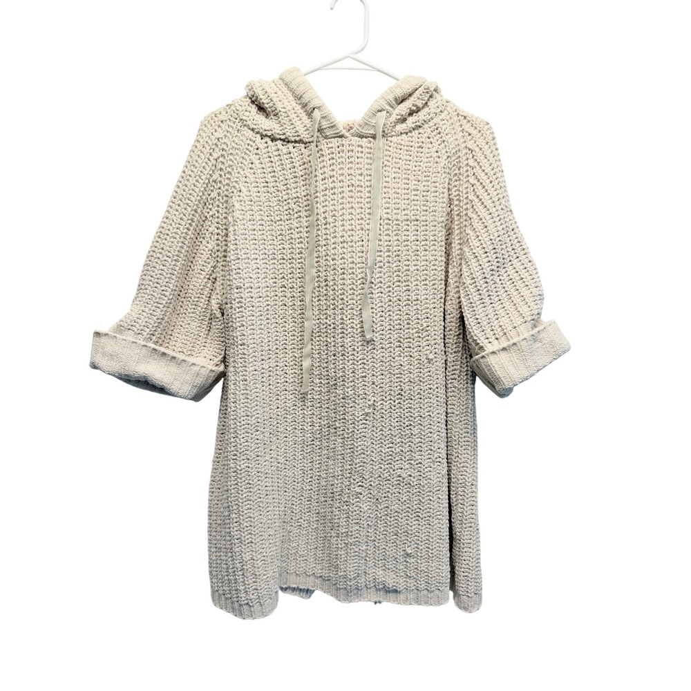 POL Womens Chunky Knit Short Sleeve Hoodie Cream Beige Split Back Sweater READ